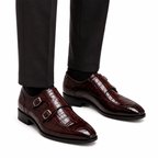 Marcellus Burgundy Crocodile-Embossed Double Monk Strap Shoes