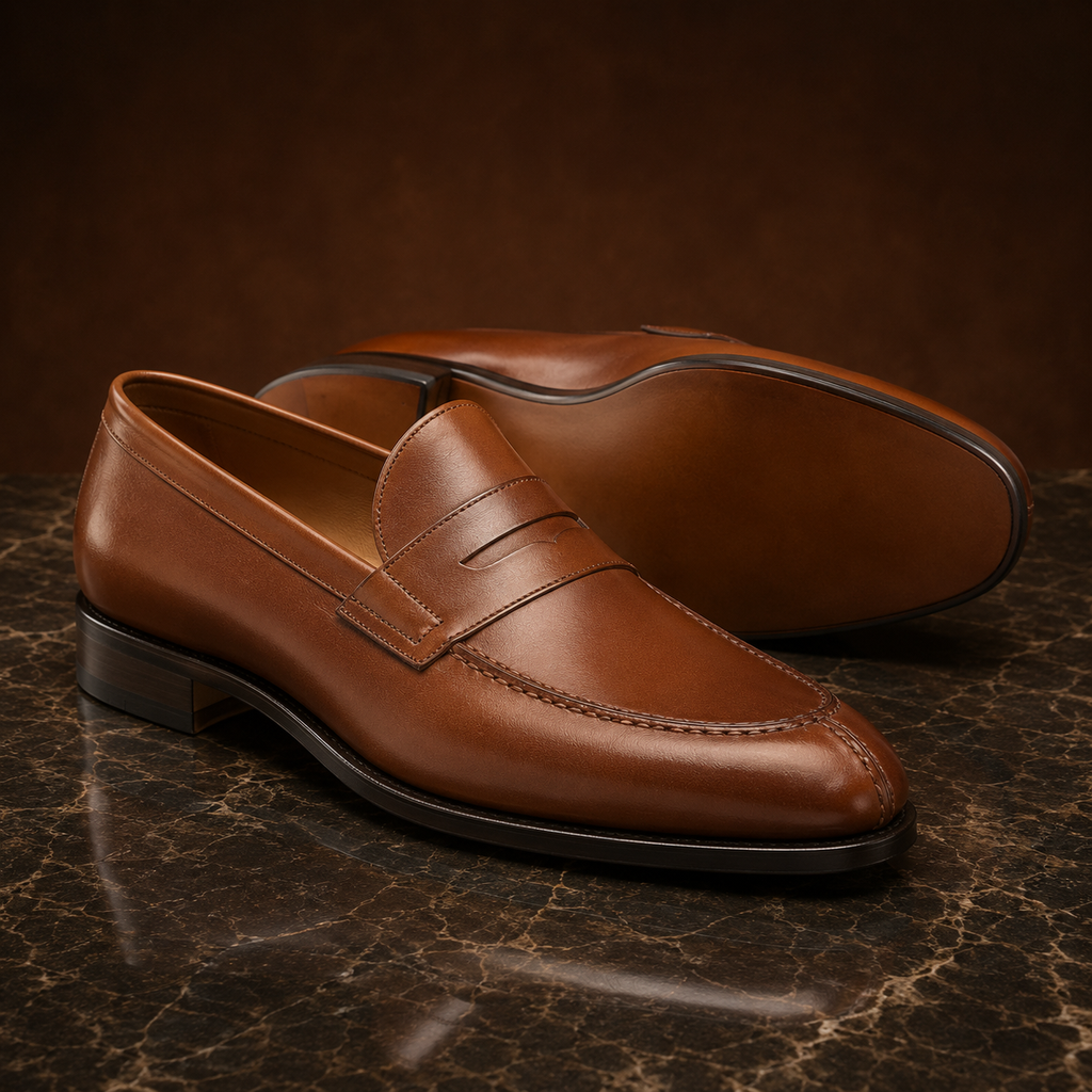 Cognac Brown Leather Penny Loafers
