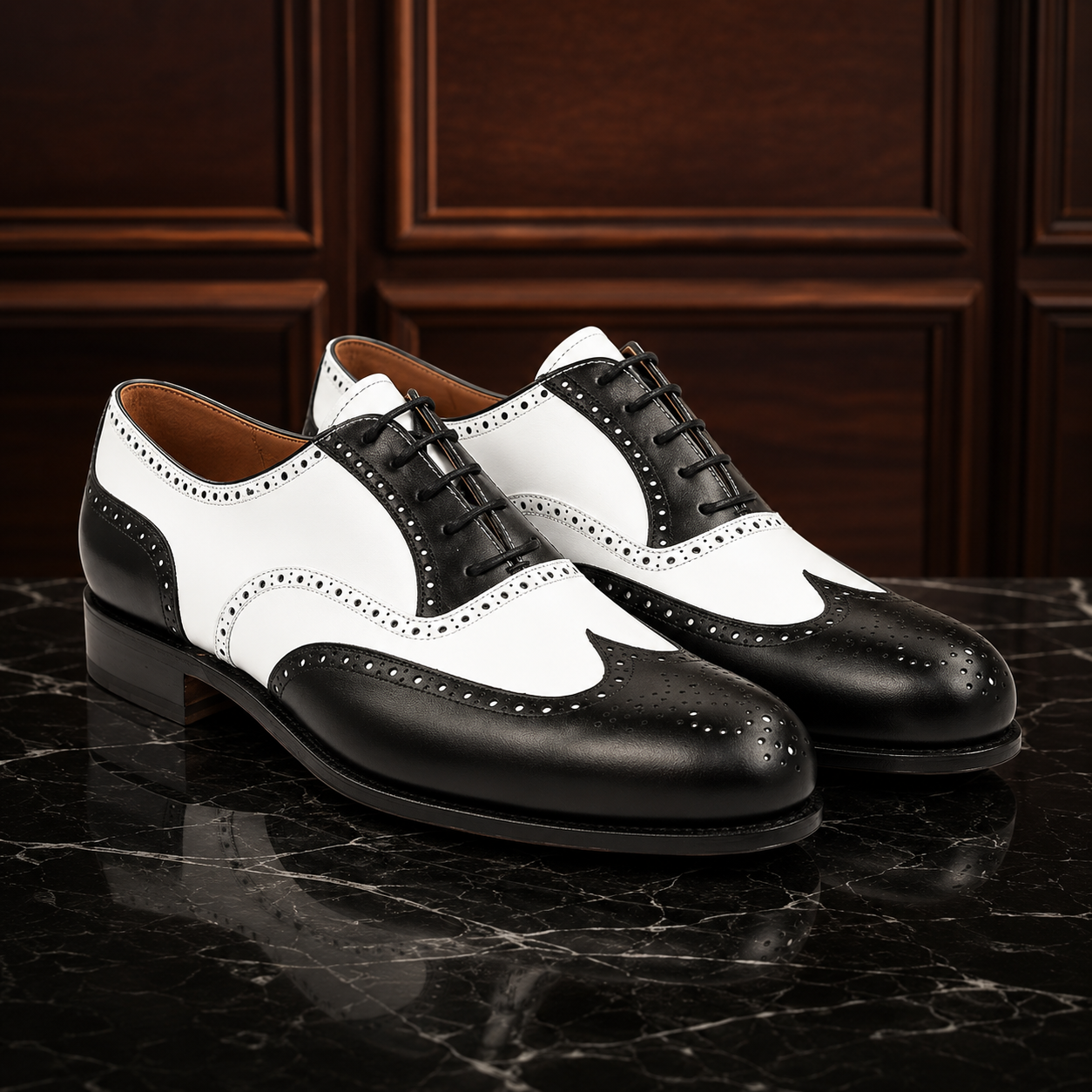Monaco Black & White Wingtip Brogue Shoes