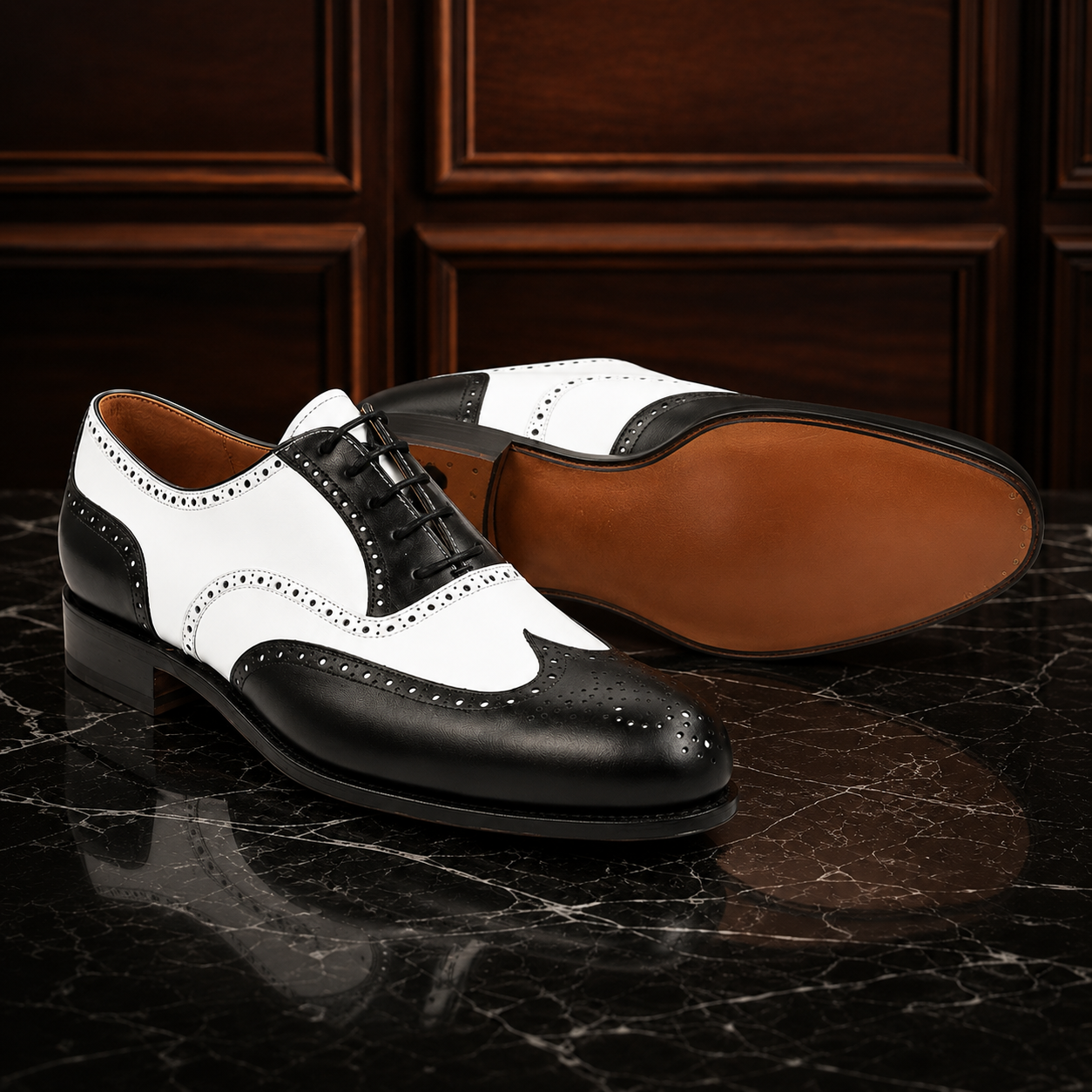 Monaco Black & White Wingtip Brogue Shoes