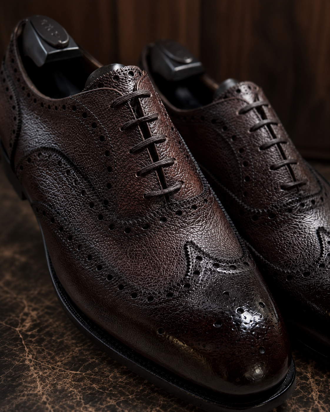 Dark Brown Pebble Grain Wingtip Oxford Shoes