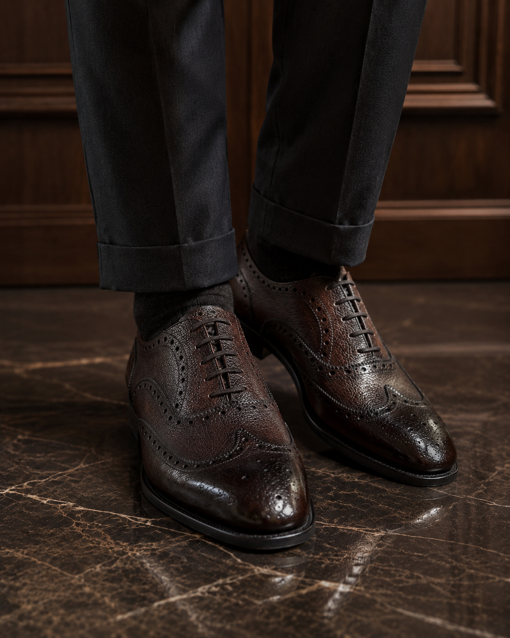 Dark Brown Pebble Grain Wingtip Oxford Shoes
