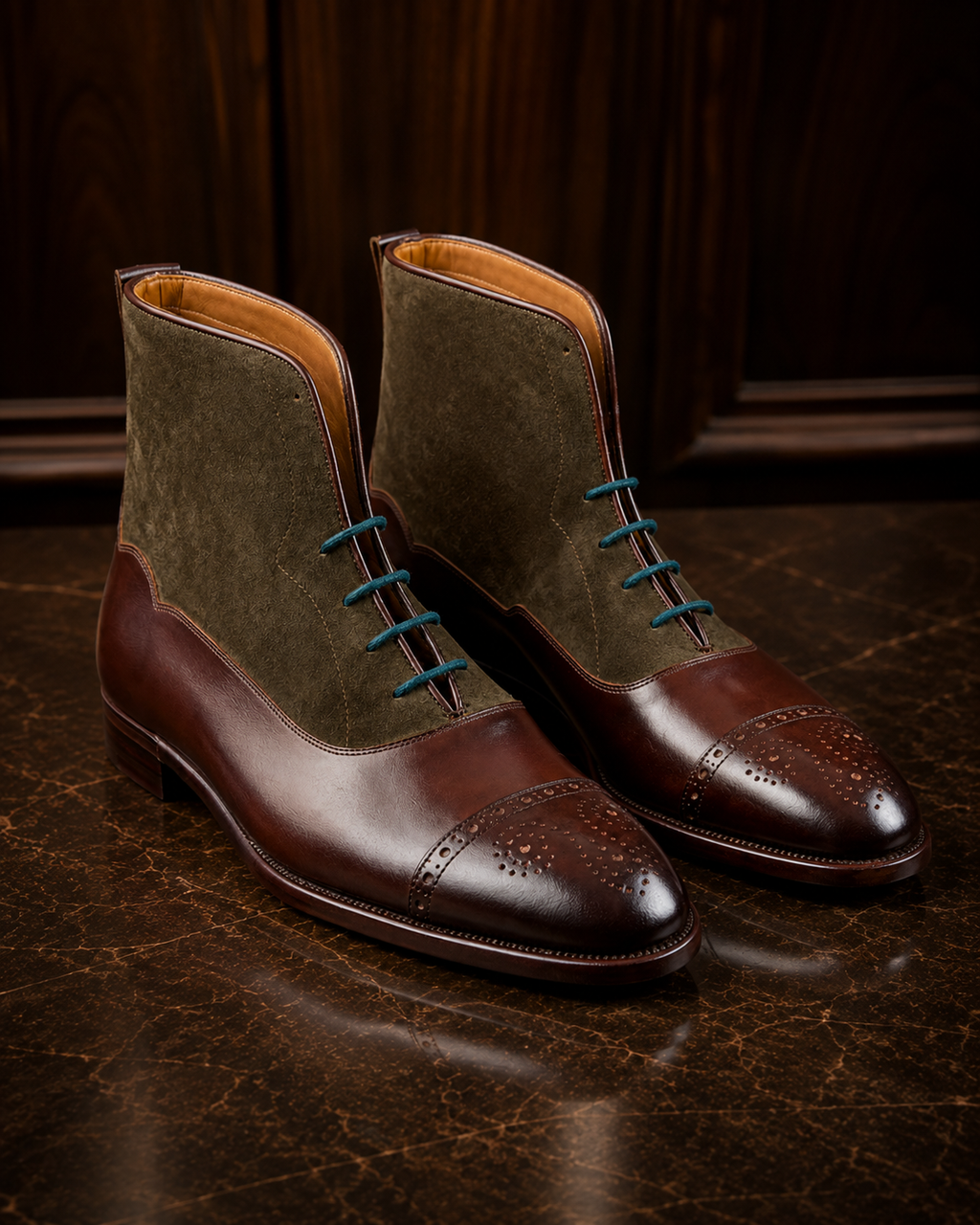 Two-Tone Burgundy & Olive Leather Lace-Up Boots