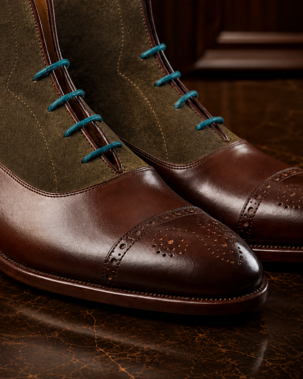 Two-Tone Burgundy & Olive Leather Lace-Up Boots
