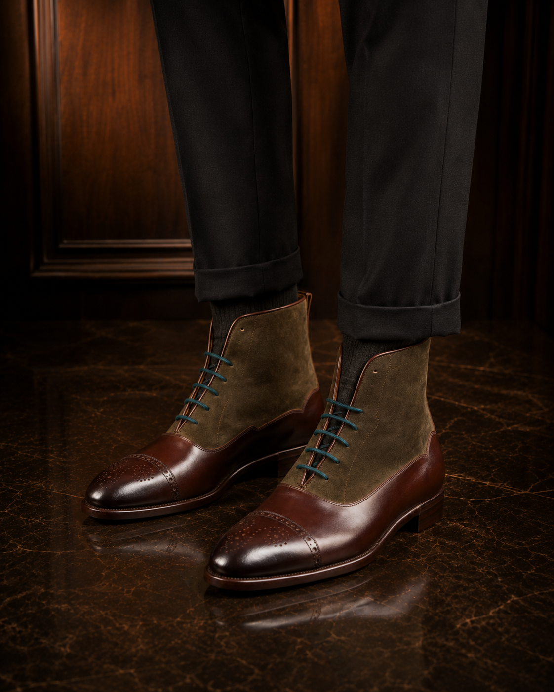 Two-Tone Burgundy & Olive Leather Lace-Up Boots
