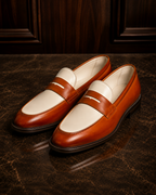 Two-Tone Cognac & Ivory Leather Penny Loafers