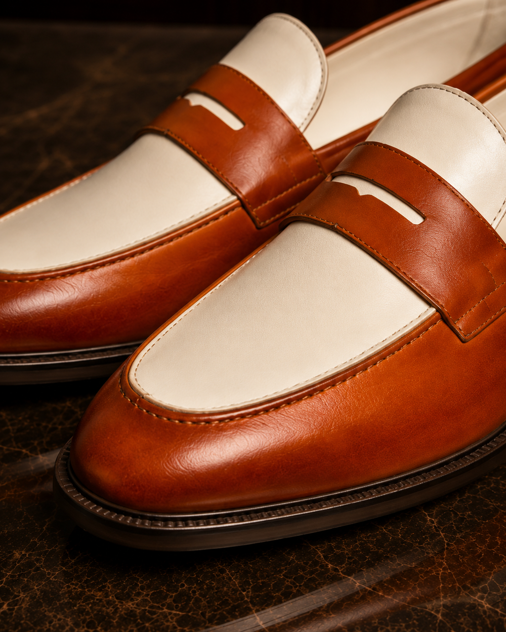 Two-Tone Cognac & Ivory Leather Penny Loafers