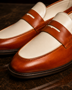 Two-Tone Cognac & Ivory Leather Penny Loafers