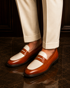 Two-Tone Cognac & Ivory Leather Penny Loafers