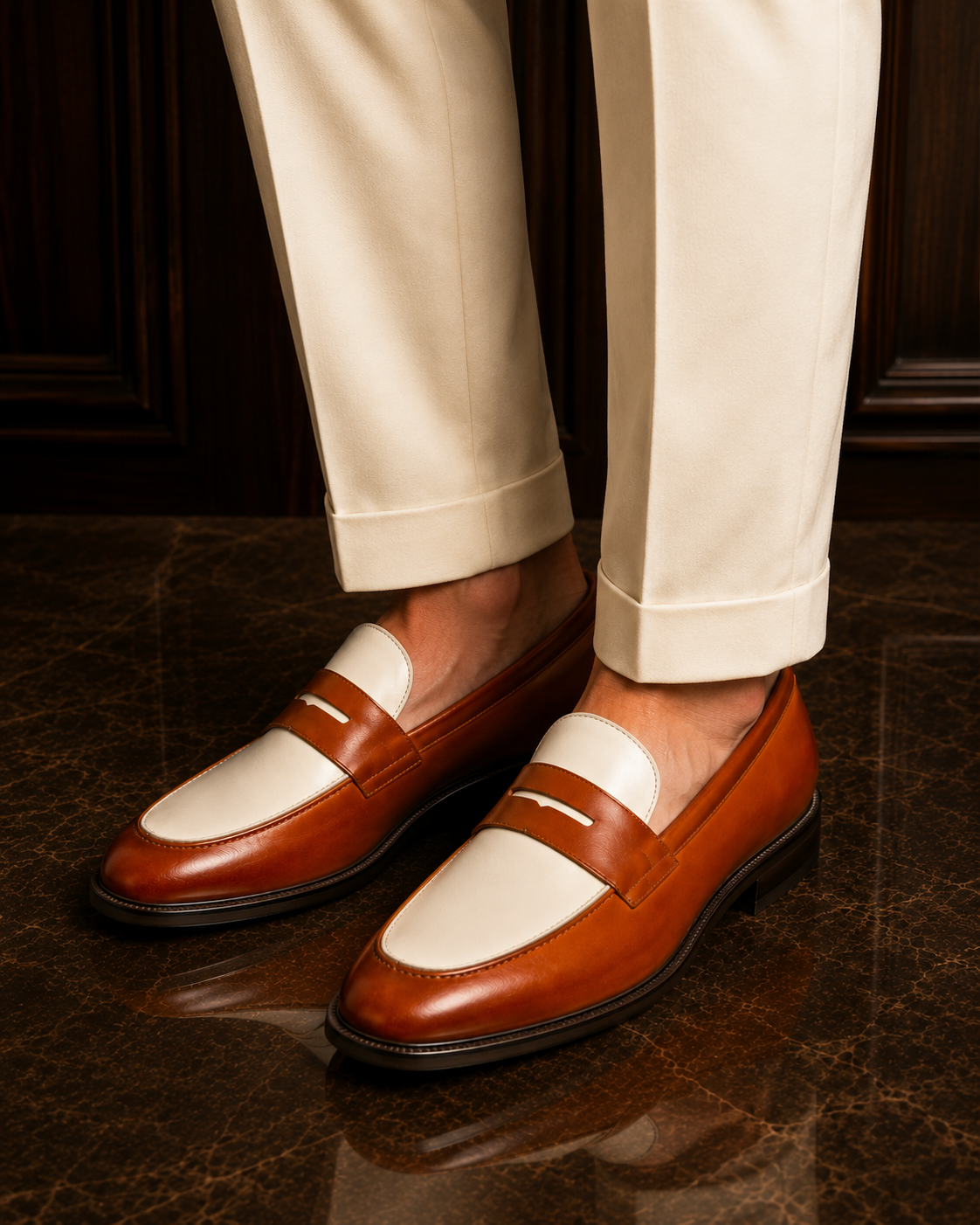 Two-Tone Cognac & Ivory Leather Penny Loafers