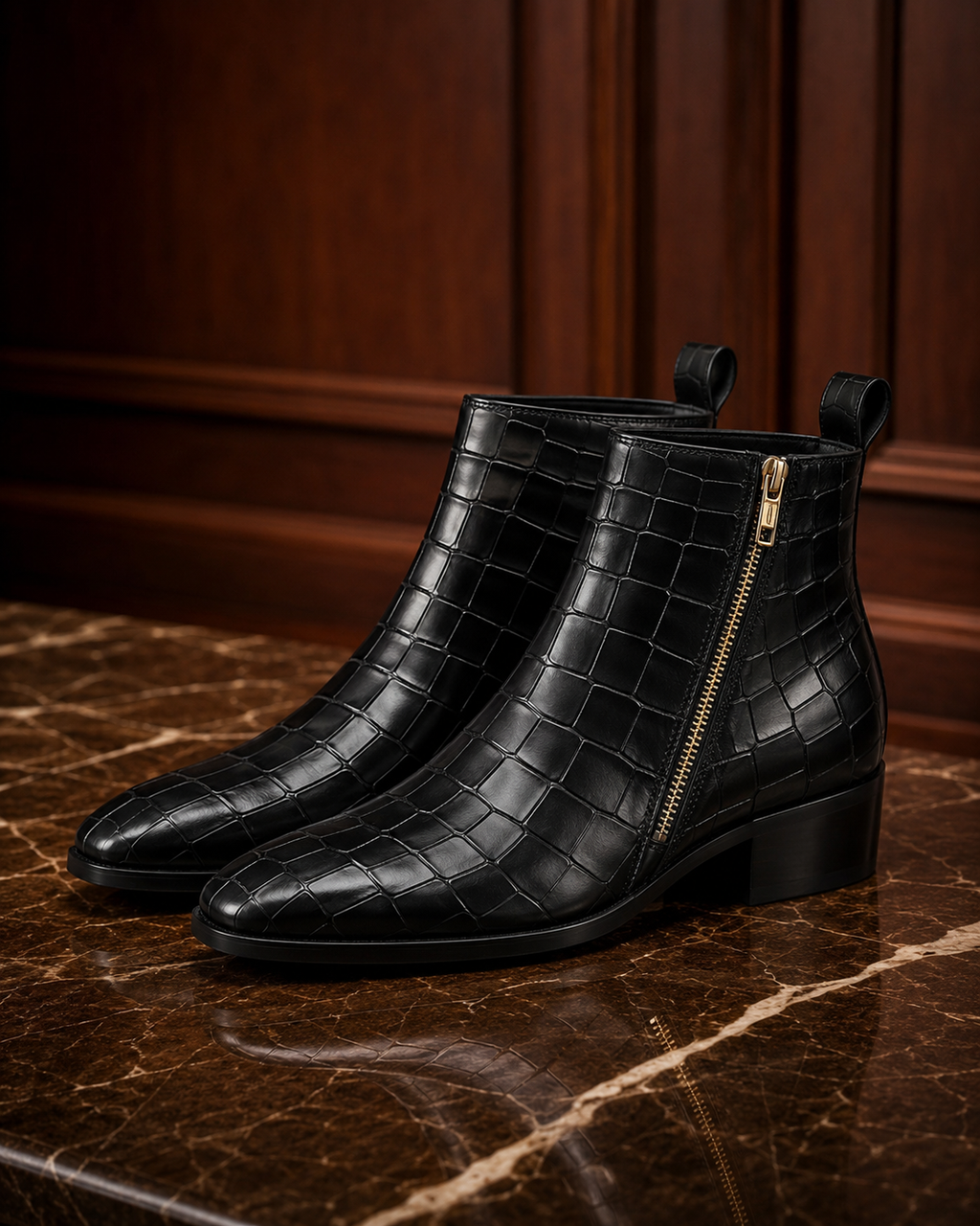 Black Croc-Embossed Leather Side-Zip Ankle Boots