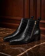 Black Croc-Embossed Leather Side-Zip Ankle Boots