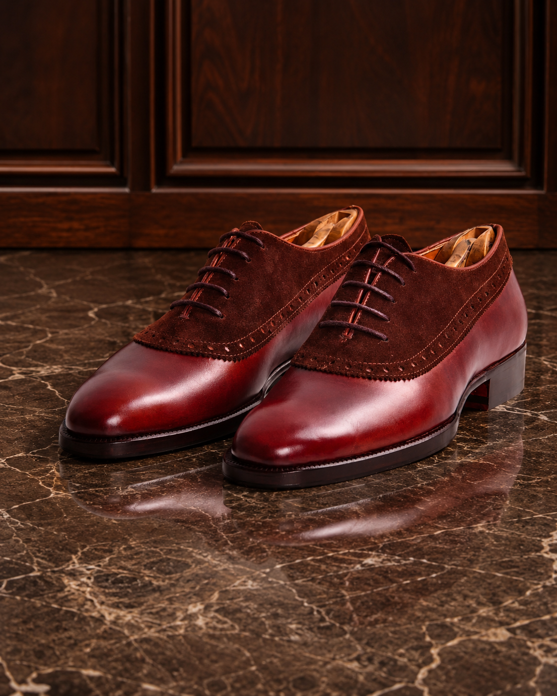 Burgundy Leather & Suede Brogue Oxford Shoes