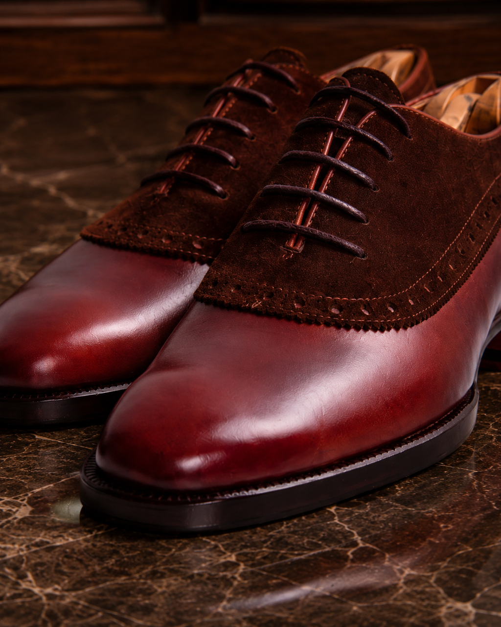 Burgundy Leather & Suede Brogue Oxford Shoes