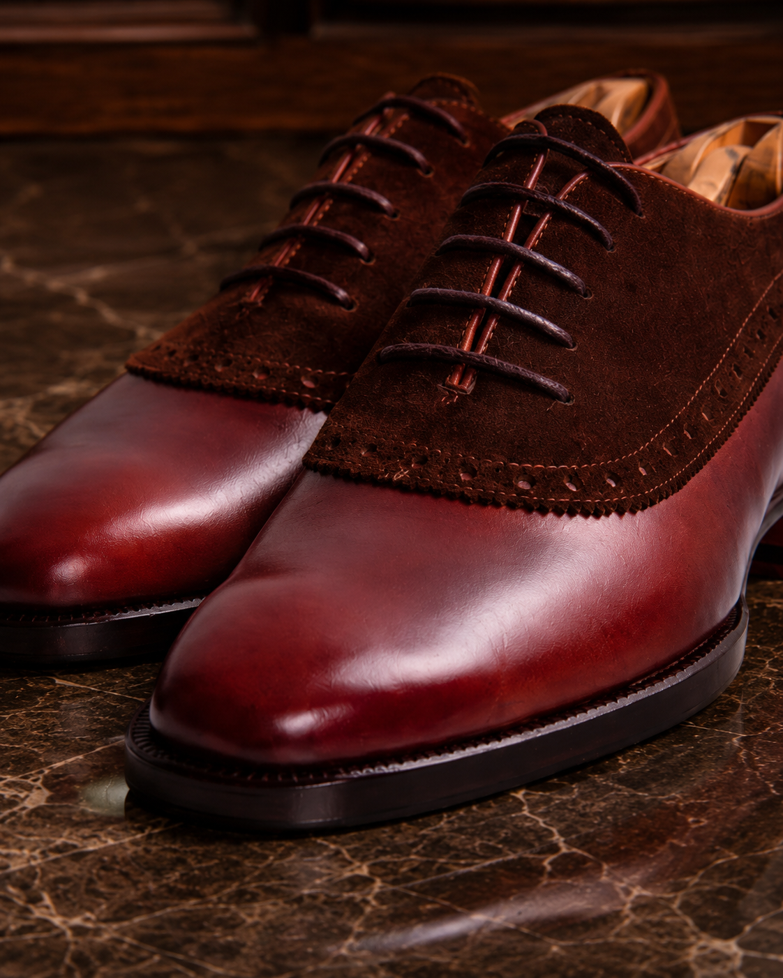 Burgundy Leather & Suede Brogue Oxford Shoes