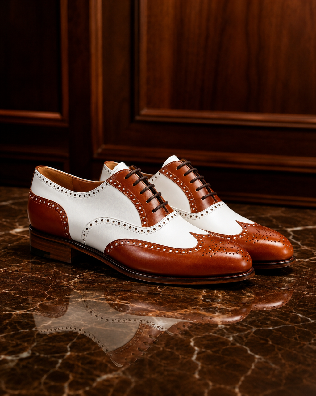 Two-Tone Cognac & Ivory Brogue Oxford Shoes