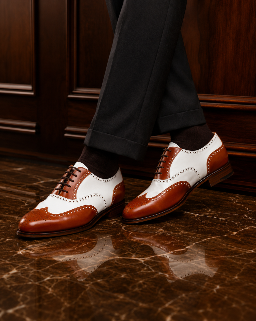 Two-Tone Cognac & Ivory Brogue Oxford Shoes