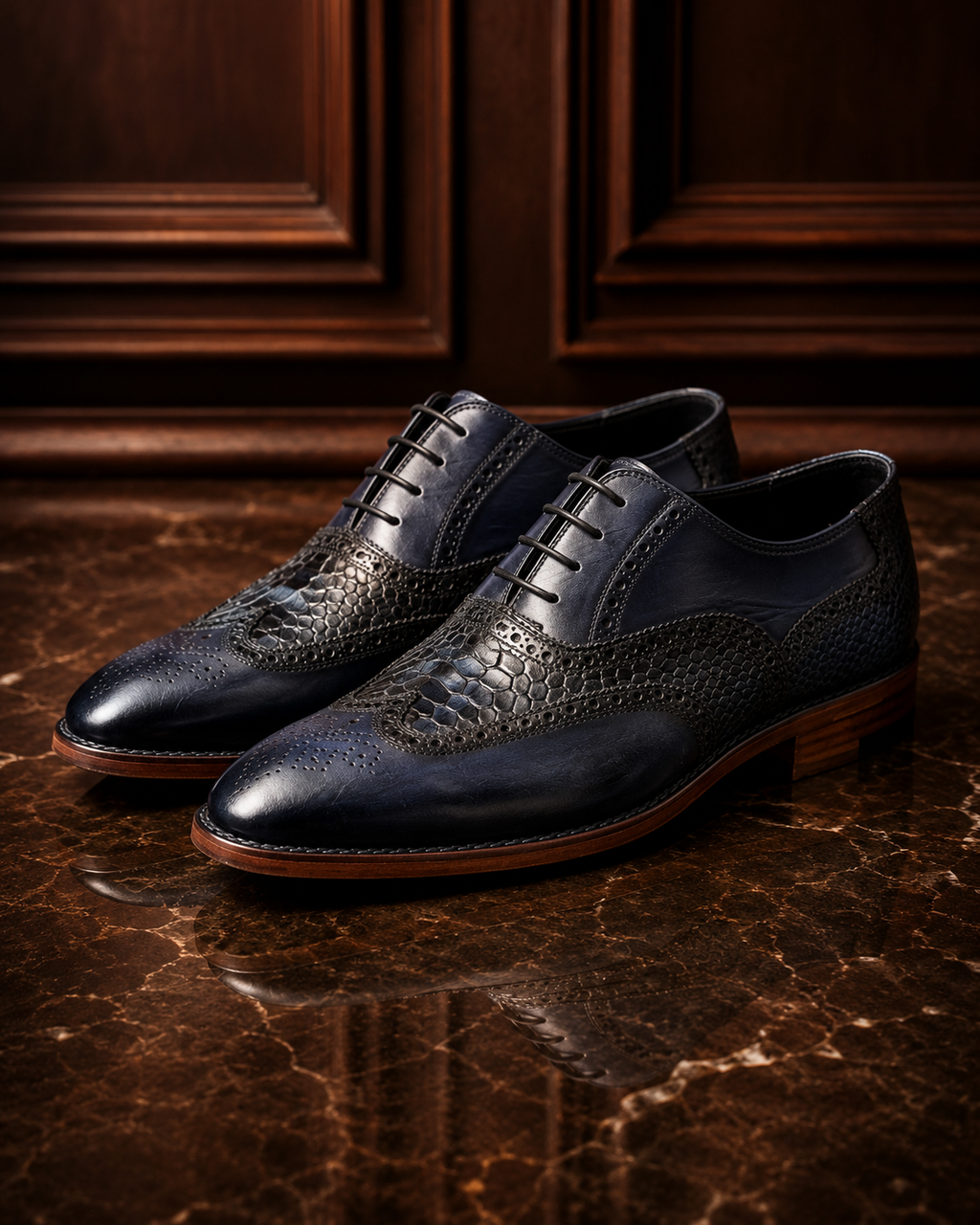 Navy & Black Croc-Textured Wingtip Oxford Shoes