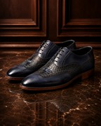 Navy & Black Croc-Textured Wingtip Oxford Shoes