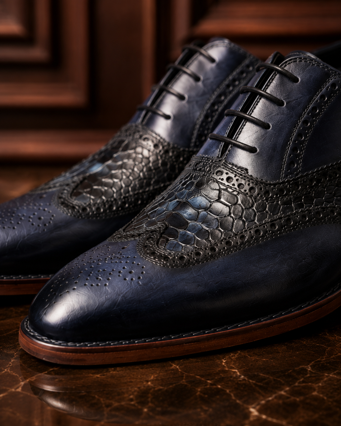 Navy & Black Croc-Textured Wingtip Oxford Shoes