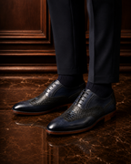 Navy & Black Croc-Textured Wingtip Oxford Shoes