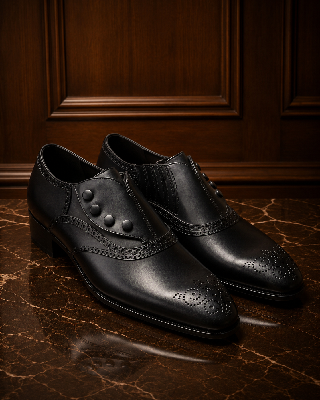 Black Leather Button Brogue Oxford Shoes