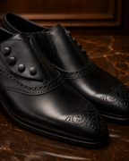 Black Leather Button Brogue Oxford Shoes