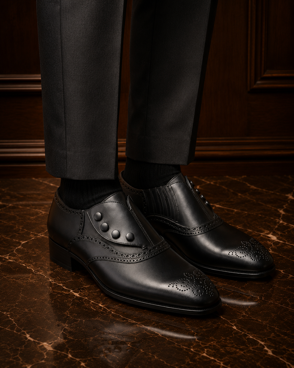 Black Leather Button Brogue Oxford Shoes