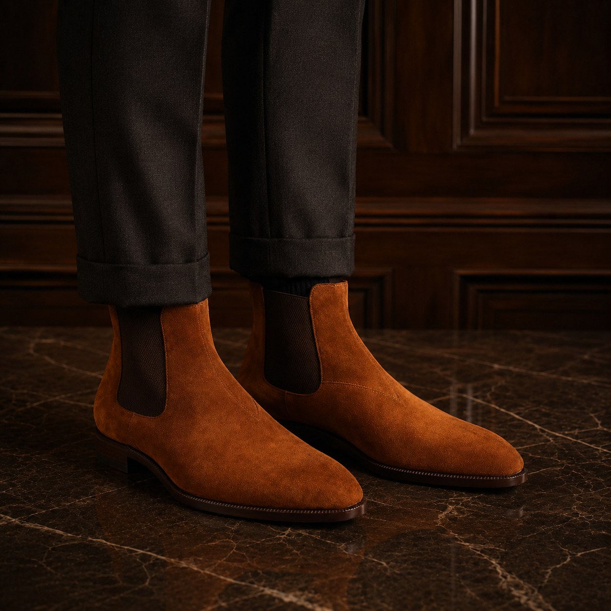 Cognac Suede Chelsea Boots