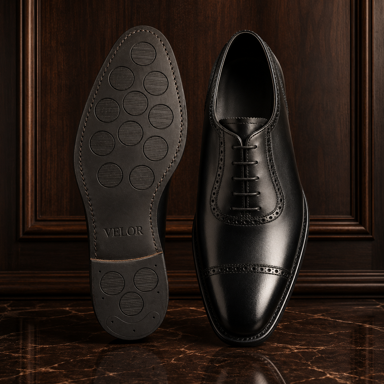 Noir Cap-Toe Oxford Shoes