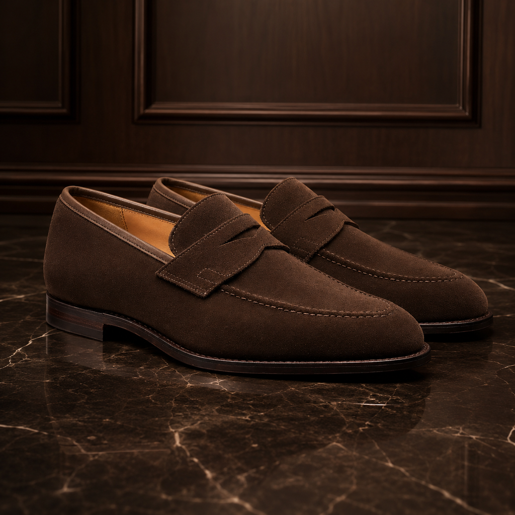 VELOR Espresso Brown Suede Penny Loafers