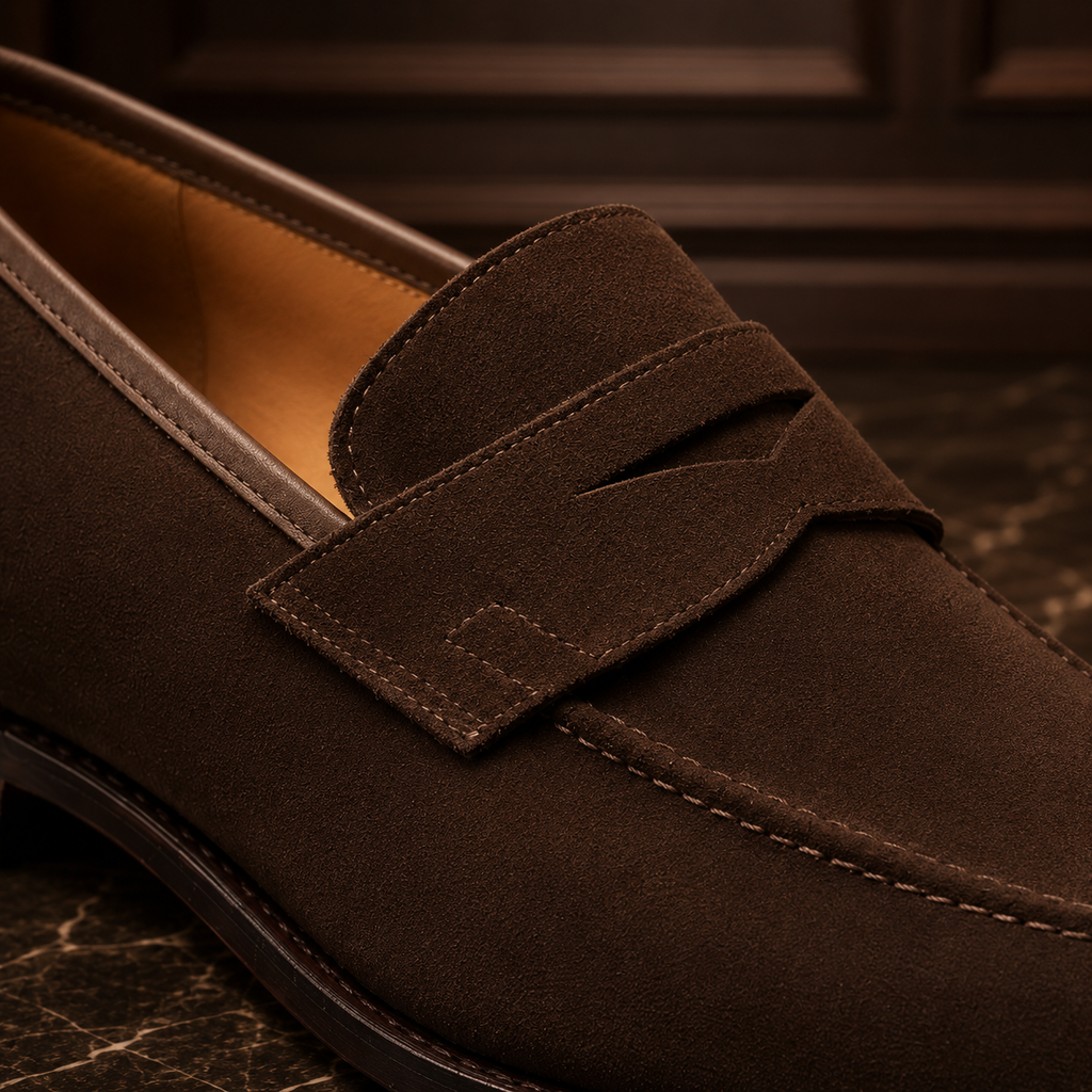 VELOR Espresso Brown Suede Penny Loafers