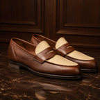 VELOR Riviera Brown Leather & Beige Canvas Penny Loafers