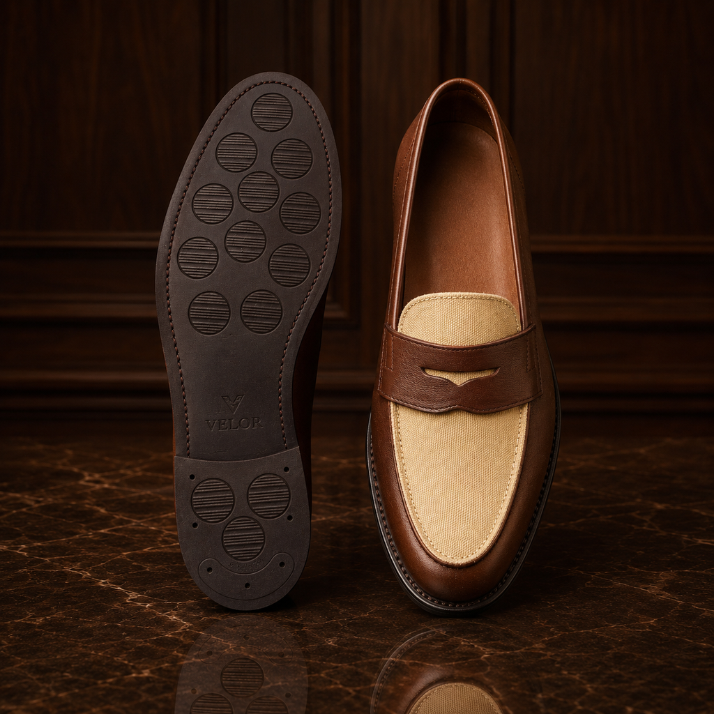 VELOR Riviera Brown Leather & Beige Canvas Penny Loafers