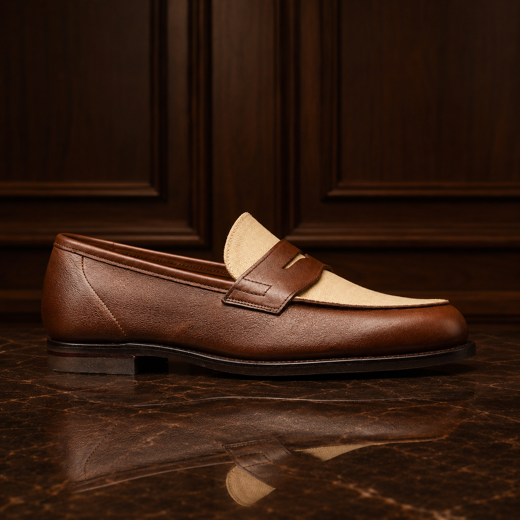 VELOR Riviera Brown Leather & Beige Canvas Penny Loafers