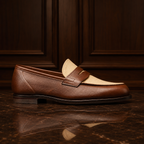 VELOR Riviera Brown Leather & Beige Canvas Penny Loafers