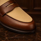 VELOR Riviera Brown Leather & Beige Canvas Penny Loafers