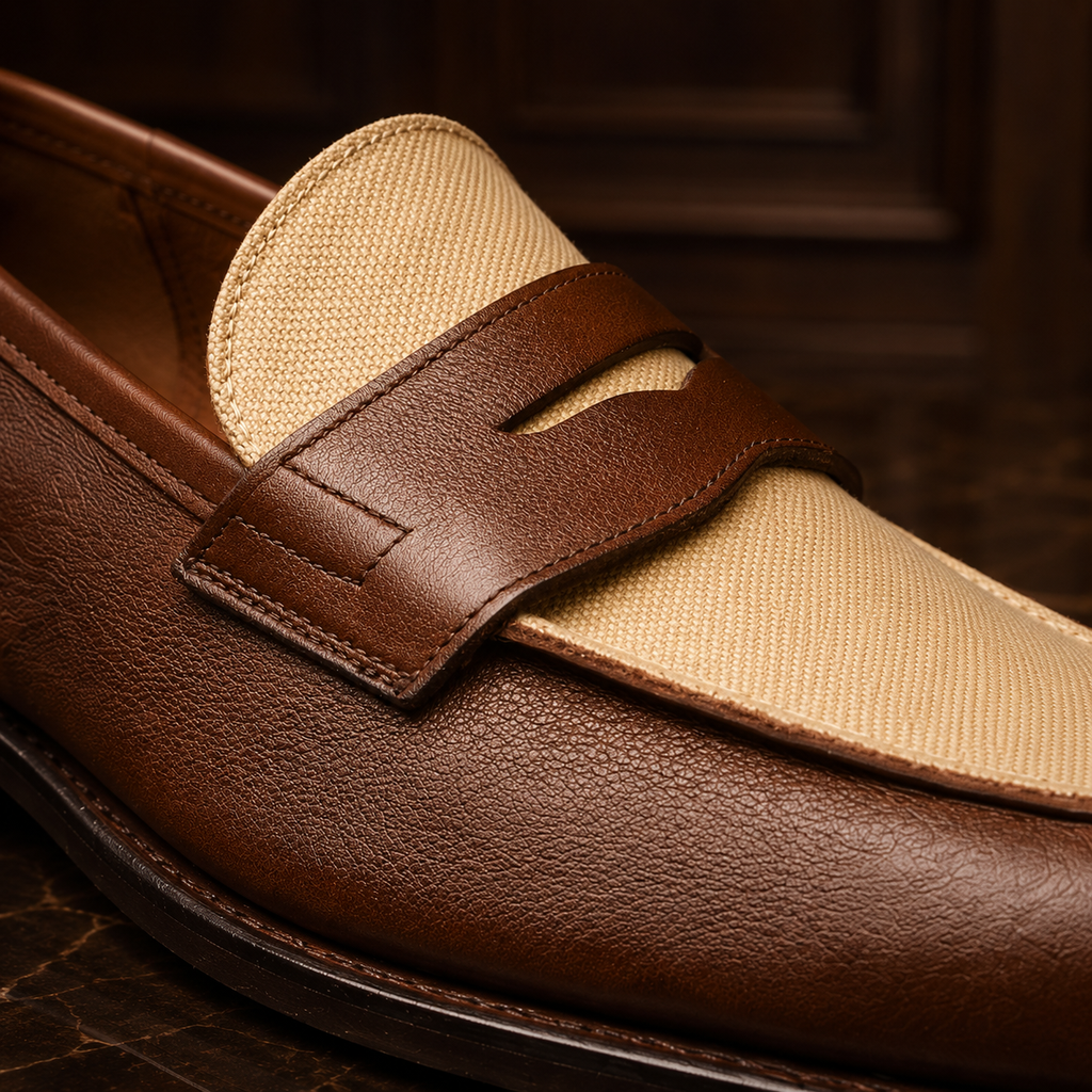 VELOR Riviera Brown Leather & Beige Canvas Penny Loafers