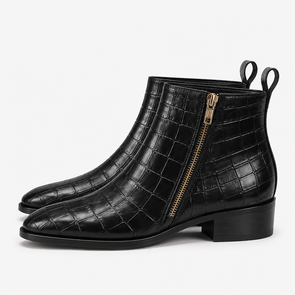 Black Croc-Embossed Leather Side-Zip Ankle Boots