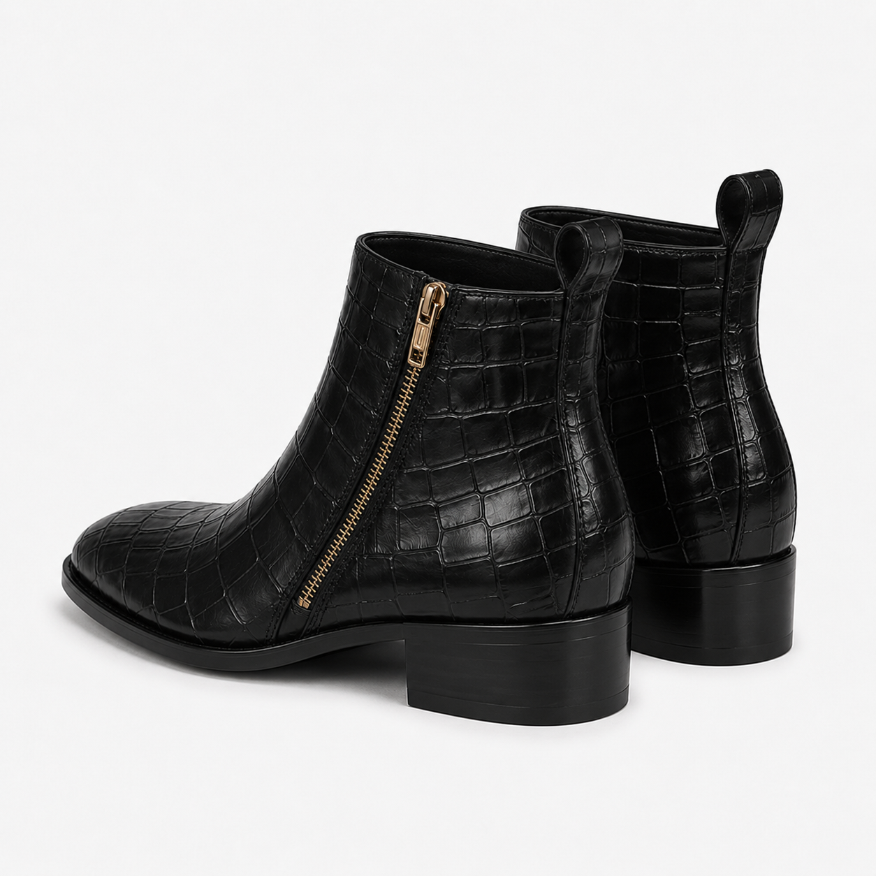 Black Croc-Embossed Leather Side-Zip Ankle Boots