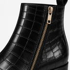 Black Croc-Embossed Leather Side-Zip Ankle Boots