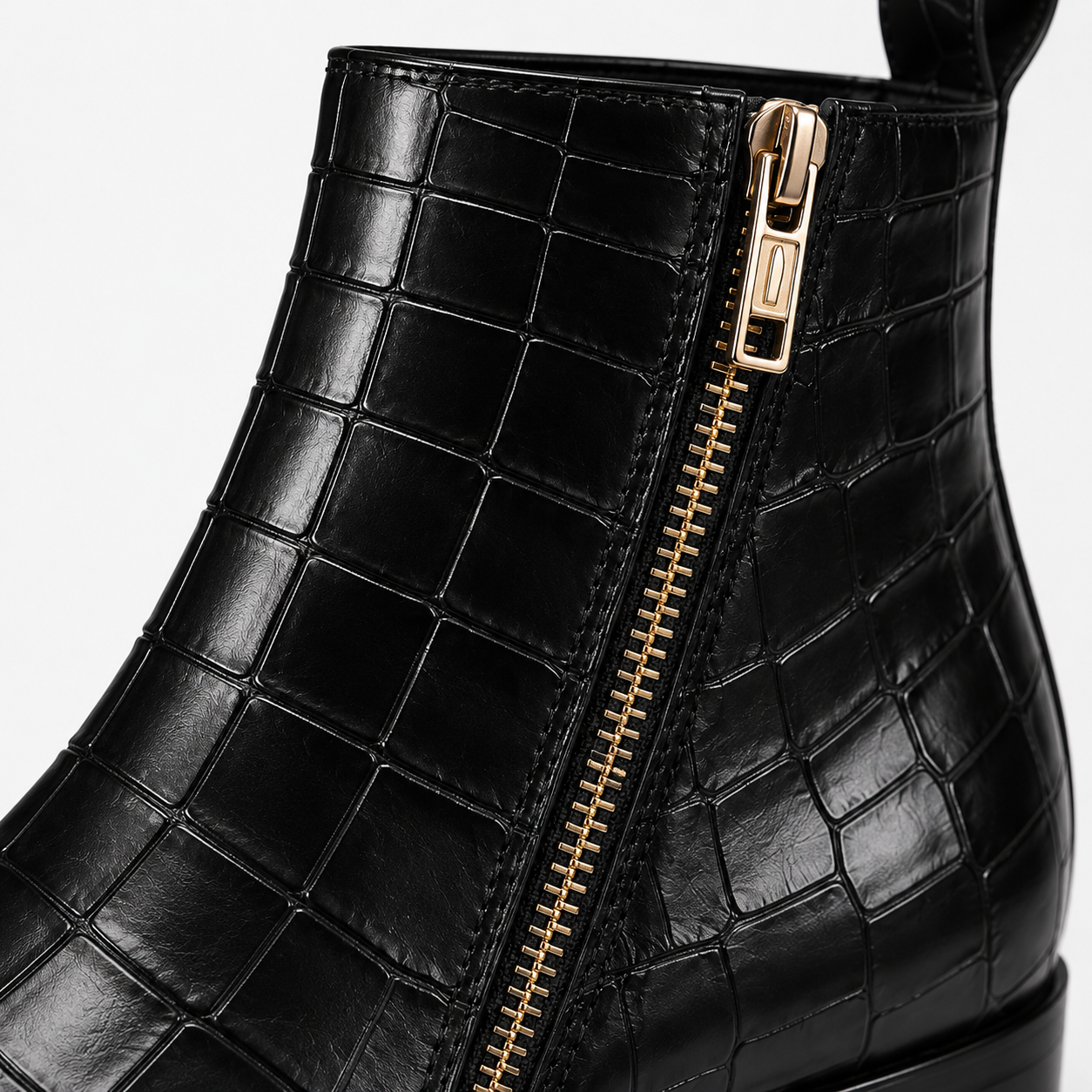 Black Croc-Embossed Leather Side-Zip Ankle Boots