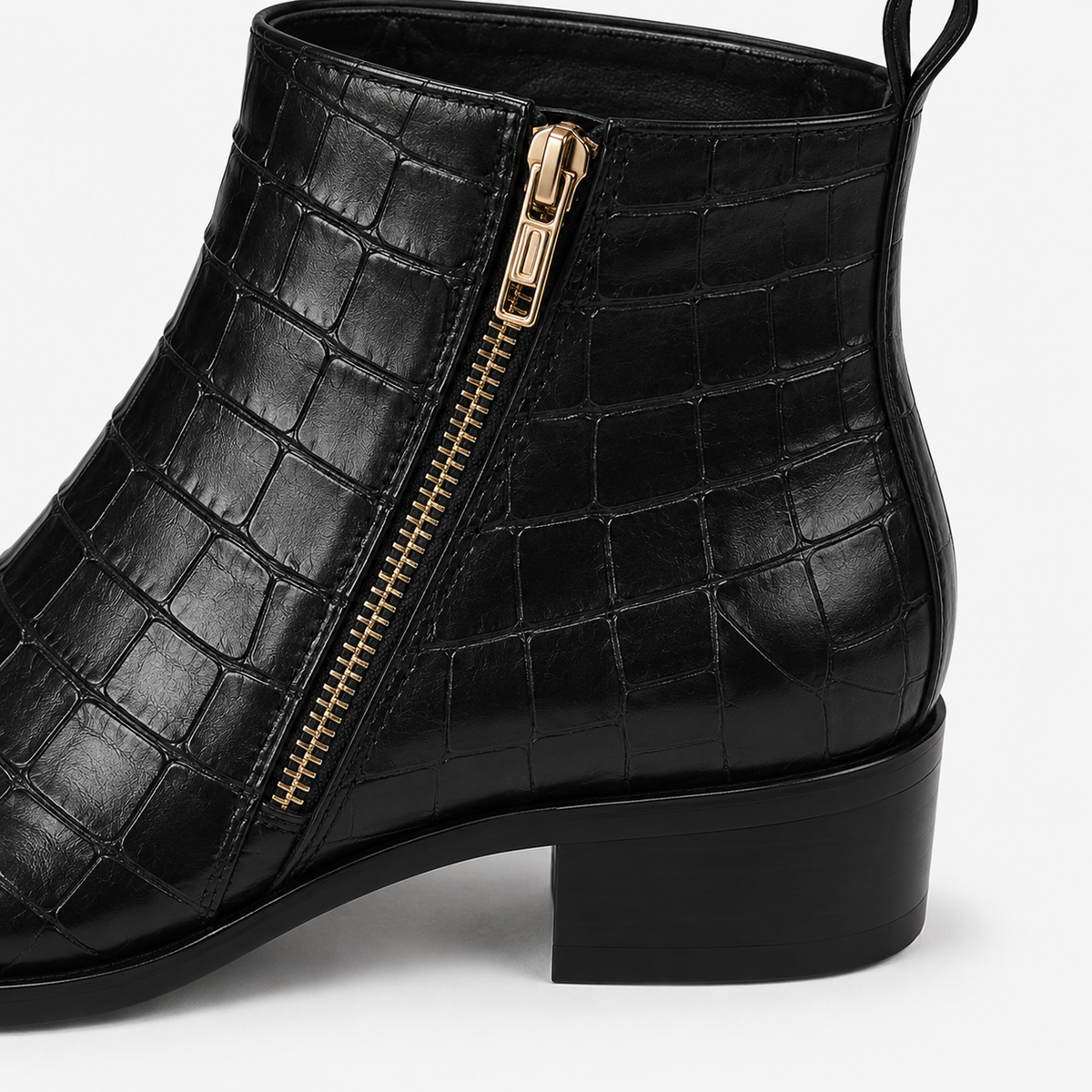 Black Croc-Embossed Leather Side-Zip Ankle Boots