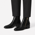 Black Croc-Embossed Leather Side-Zip Ankle Boots