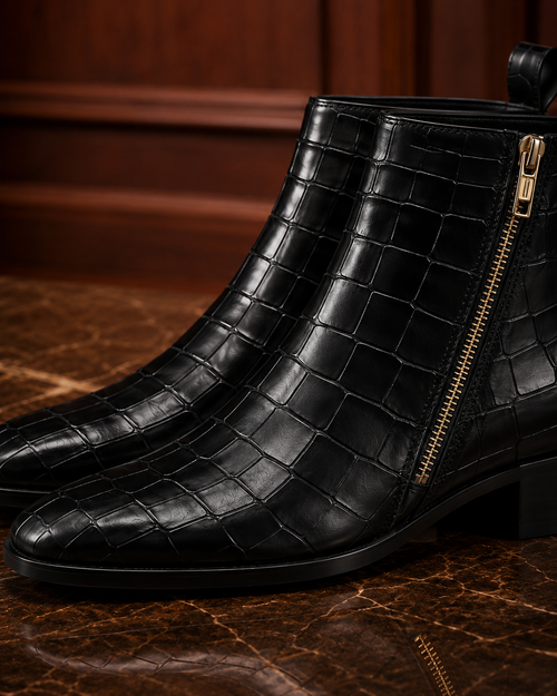 Black Croc-Embossed Leather Side-Zip Ankle Boots
