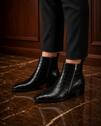 Black Croc-Embossed Leather Side-Zip Ankle Boots