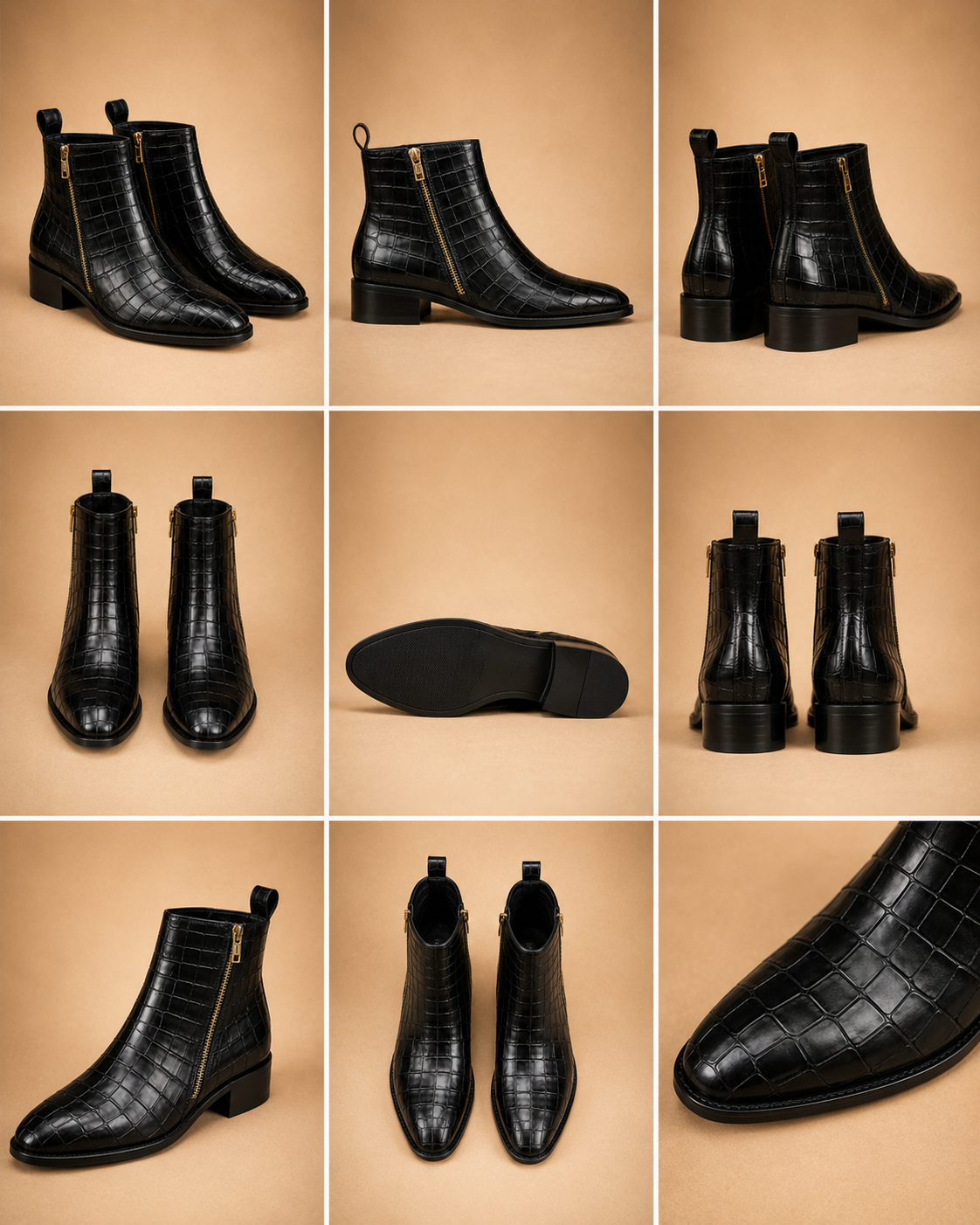 Black Croc-Embossed Leather Side-Zip Ankle Boots